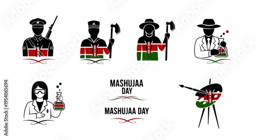 Mashujaa Day celebration with patriotic Kenyan symbols and diverse professional silhouettes. Mashujaa Day graphics feature figures representing national heroes, culture, and science.