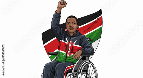 Kenyan disability pride illustration features young athlete in wheelchair raising fist, showcasing empowerment and national strength. Kenyan disability pride symbolizes resilience, achievement,