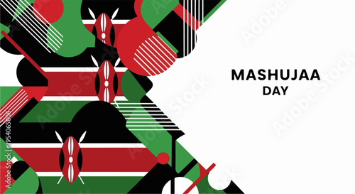 Abstract geometric art for Mashujaa Day, vibrant Kenyan flag colors. Dynamic Mashujaa Day design shows national pride, black, red, green elements. Ideal for Mashujaa Day invitations, banners,