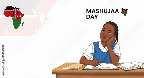 Young student studies at desk, celebrating Mashujaa Day, contemplating national heroes. Girl learning country history, inspiring generations on Mashujaa Day. Concept Mashujaa Day for education,