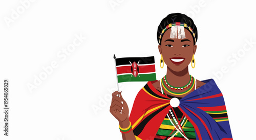 Smiling Kenyan woman in traditional clothing holds flag of Kenya, symbolizing pride. Kenyan woman wears vibrant jewelry, a colorful shuka, showcasing rich culture.