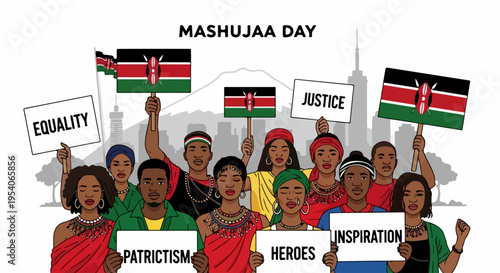 Mashujaa Day celebration shows diverse Kenyan people holding national flags, protest signs. Mashujaa Day promotes patriotism, equality, justice, inspiration, and heroes.