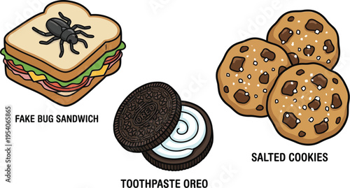 Assorted edible and inedible prank items are displayed, featuring salted cookies, a fake bug sandwich, and an Oreo filled.