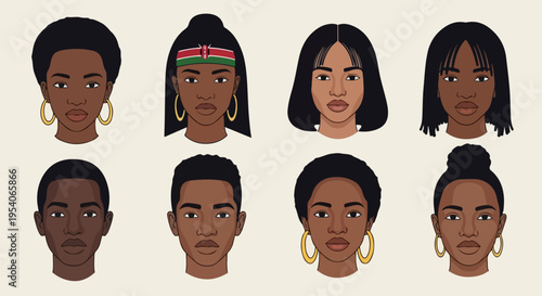Diverse portraits of different people showing various hairstyles and facial features. These diverse portraits represent different individuals, including men and women with unique looks.