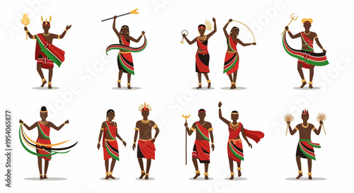 Stylized figures performing African dance, showing traditional movements. Characters wear costumes, hold spears, bows, instruments, portraying African dance. Useful for education, travel,