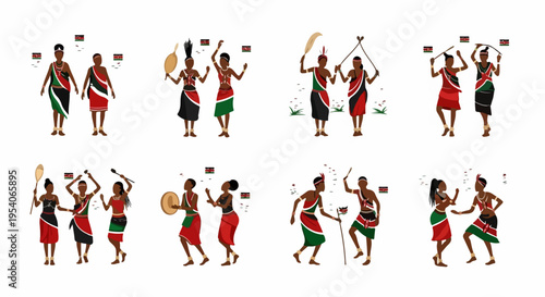 Dynamic African dance illustrations featuring men and women performing traditional movements. African dance forms depicted with cultural costumes, drums, and spears, celebrating rich heritage.