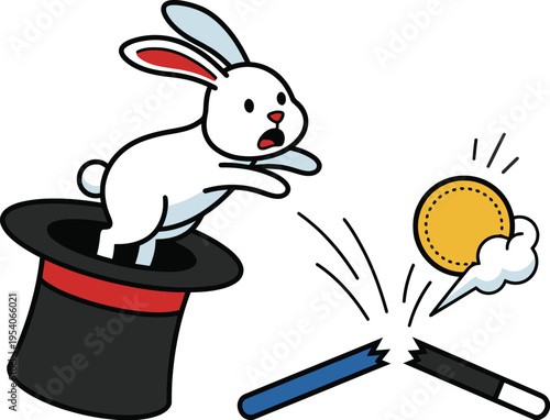 A white rabbit leaps out of a black top hat as a magic wand breaks and a coin flies away.