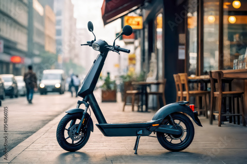 A black electric scooter is parked on the sidewalk. There are shops and cars in the background. People are walking nearby on a busy street during daytime hours.