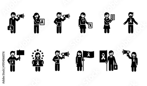 Volunteer and charity icon pack with people spreading awareness and holding megaphones and banners in black silhouette vector