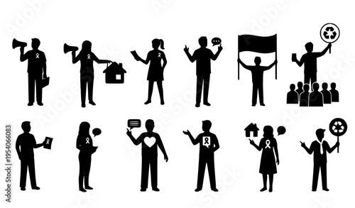 Volunteer silhouette set with people spreading awareness, holding megaphones, and charity event banners vector