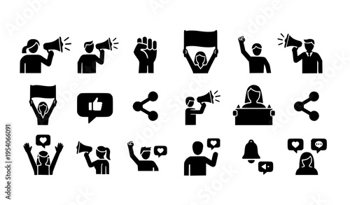 Digital activism icon pack with people holding megaphones, banners, and social media icons in black silhouette vector