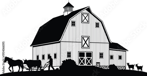 Large wooden barn farm landscape with traditional farmer plowing field with horse and ox silhouette cad drawing flat vector illustration flavector farm scene.