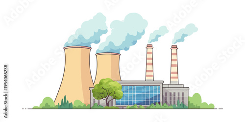 Industrial power plant with smokestacks and trees in the foreground  industrial area with cooling towers