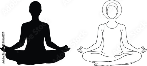 Meditation Silhouette Woman Practicing Yoga Lotus Pose Relaxation Mindfulness Vector Illustration Black and Outline Isolated
