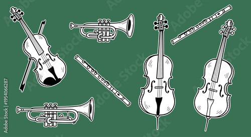Musical instruments orchestra violins trumpets.