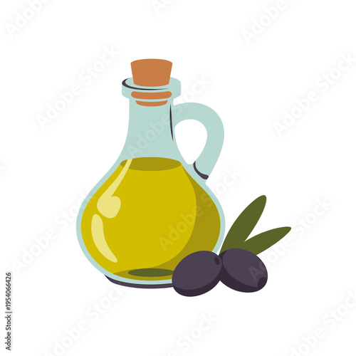 Olive oil in glass bottle with olives and leaves beside  healthy food and drink