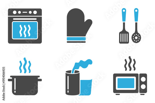 Kitchen utensils and appliances for cooking and heating food at home