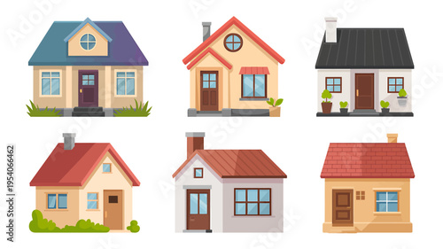 Six cartoon houses with different colored roofs and facades  various architectural styles