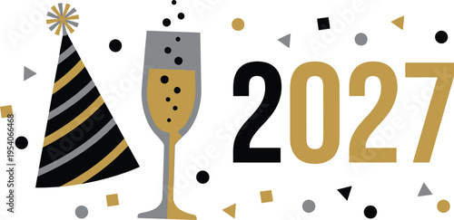 Festive graphic displays the year 2027 with a champagne flute and a party hat.