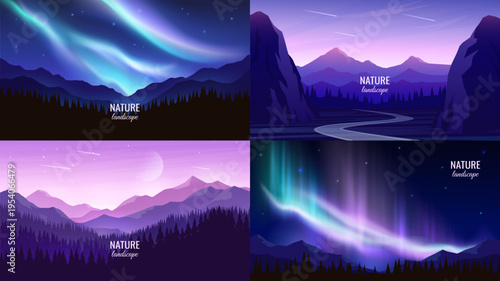 Set of night landscapes. Road running between steep cliffs, northern lights in the night sky, panoramic view of mountain ranges, sunset. Travel, tourism concept. Vector illustration.