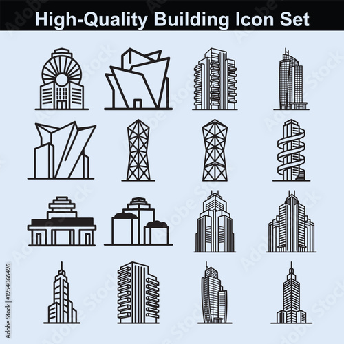 High quality building icon set presenting diverse architectural styles including unique towers and industrial structures for various urban planning needs