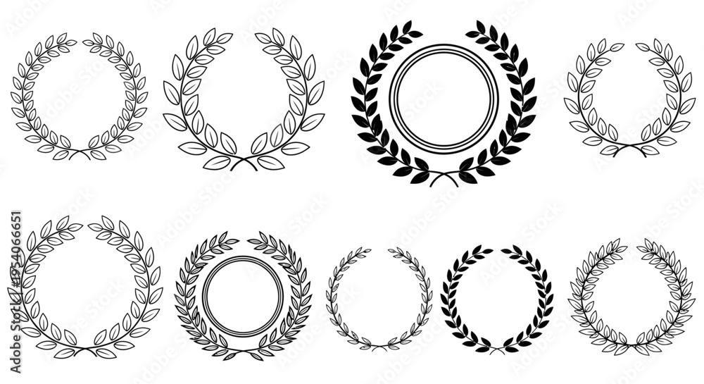 Obraz premium Assortment of Black and Outline Laurel Wreaths for Badges and Certificates on Isolated White Background