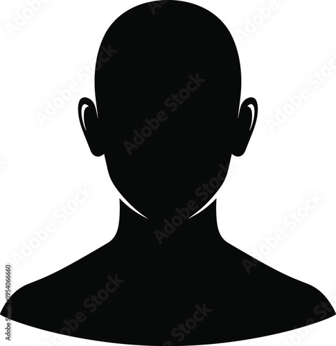 Human head and shoulders solid silhouette vector illustration, anonymous user profile avatar icon, person portrait graphic isolated on white background, social media account.