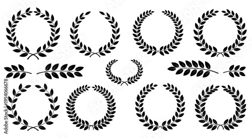 Set of Black Laurel Wreaths and Decorative Branches for Awards and Recognition on Isolated White Background
