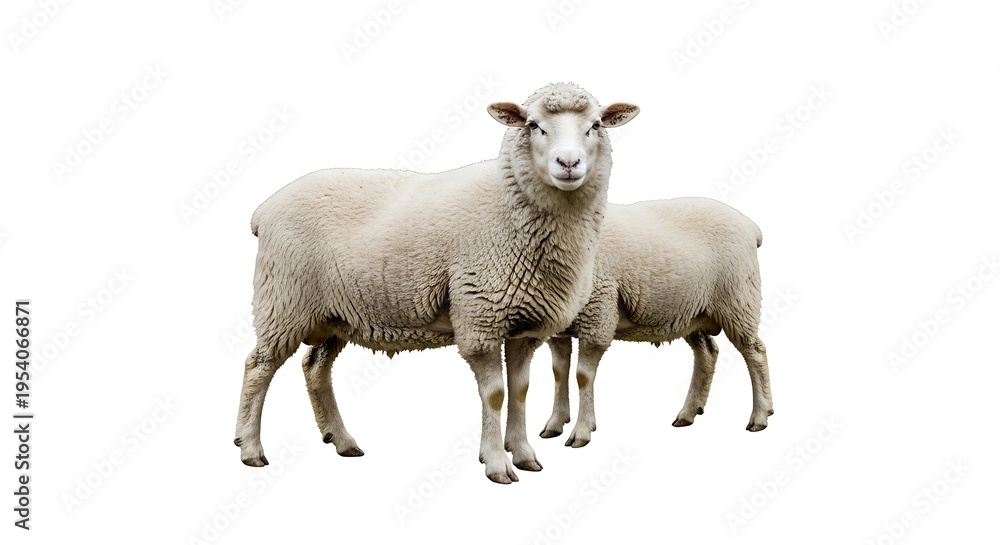 Fototapeta premium Two white sheep standing side by side against a clean white background