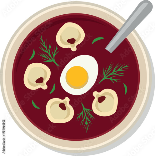 Polish Barszcz Beet Soup With Dumplings and Egg Garnish Traditional Eastern European Holiday Dish
