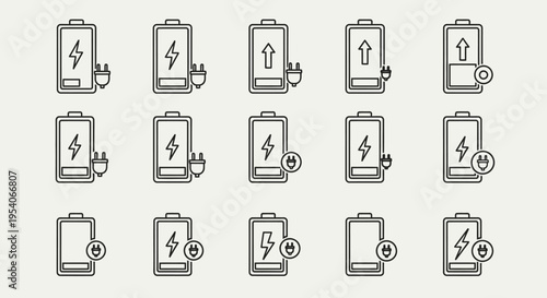 Battery Charging and Power Level Indicator Icons Set on Isolated White Background