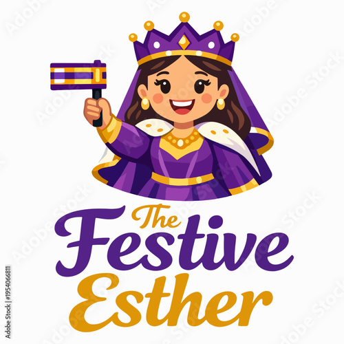 Cheerful Festive Esther illustration in royal attire holding scroll, honoring courage, faith, heritage, and joyful Purim celebration with vibrant traditional charm
