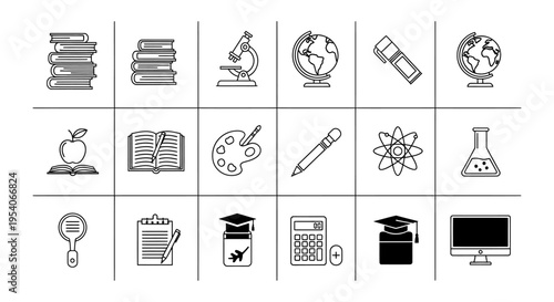 Detailed set of outline education, school, and science themed icons, isolated white background.