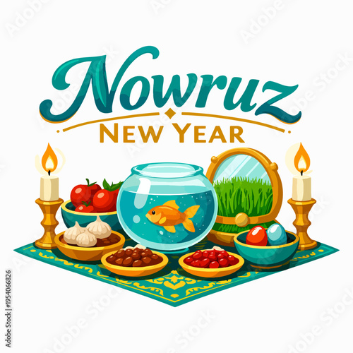 Vibrant Nowruz New Year illustration with Haftsin table, goldfish bowl, candles, and spring symbols celebrating renewal, prosperity, tradition, cultural heritage, and joyful beginnings