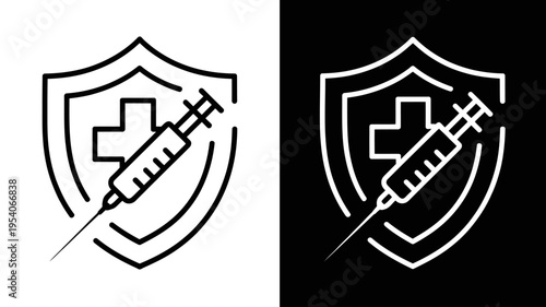 Medical shield with cross and syringe icon for health protection concept