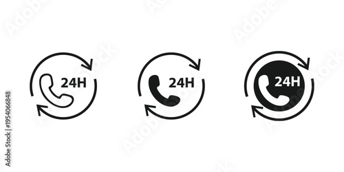 Three black circular icons depicting a telephone handset with arrows each labeled 24h high-quality professional detailed
