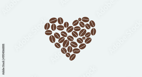 Heart shape arrangement made from roasted coffee beans on a light grey background.