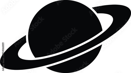 Minimalist Saturn planet silhouette icon, black celestial body with rings, solar system space vector illustration for science or astronomy logo