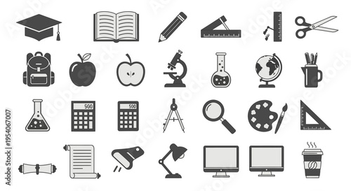 Comprehensive set of education and school themed black flat icons, isolated white background.