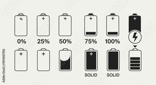 Set of battery percentage and charging icons showing various power levels from 0% to 100% on a light grey background.