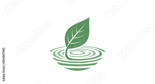 Fresh green leaf with serene water ripples symbolizing nature and ecology on isolated white background.