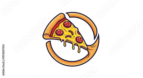 Delicious cartoon pizza slice with pepperoni and cheese in a circular frame on isolated white background.