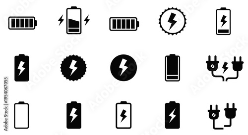 Set of black battery and charging icons displaying different power levels and electric plugs on isolated white background.
