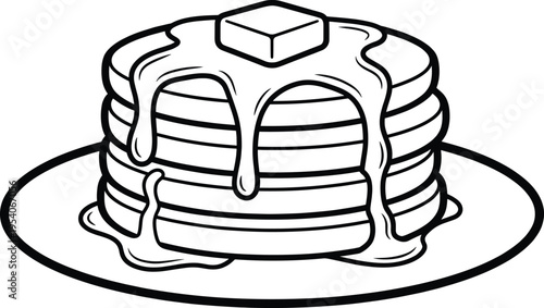 Minimalist stack of pancakes with maple syrup and butter outline vector illustration, delicious breakfast food icon on plate, 2026