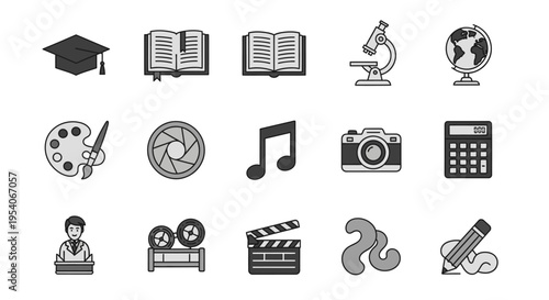 Collection of black education and media icons including graduation cap, book, camera, and music note on isolated white background.