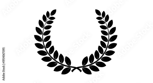 Single elegant black laurel wreath symbol of victory and achievement on isolated white background.