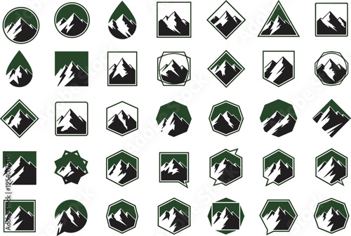 Mountain logo icons, geometric nature badges, outdoor adventure emblems, green and black wilderness silhouettes, summit travel peaks symbols