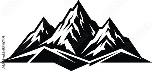 Mountain peak silhouette, snowy ridge landscape, outdoor adventure climbing, wilderness nature summit, extreme hiking travel sport, sharp alpine rock emblem