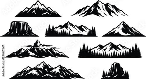 Mountain peaks and forest silhouettes with snow capped ridges, rocky hills, and pine trees for outdoor adventure landscape designs,