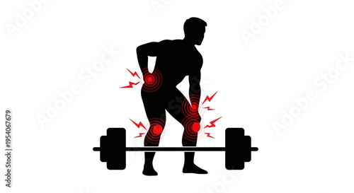 Man experiencing pain while weightlifting with a barbell.